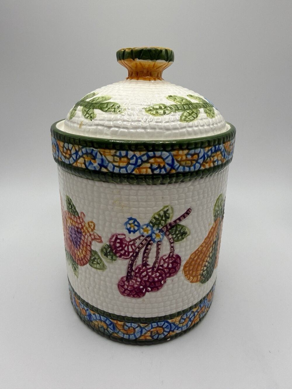 Vintage 90s Canister Fruit Brick Ceramic Apple Grape Pear Farmhouse Cottage